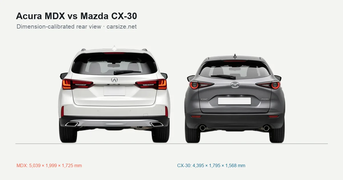 Acura MDX and Mazda CX-30 compared to scale from the rear