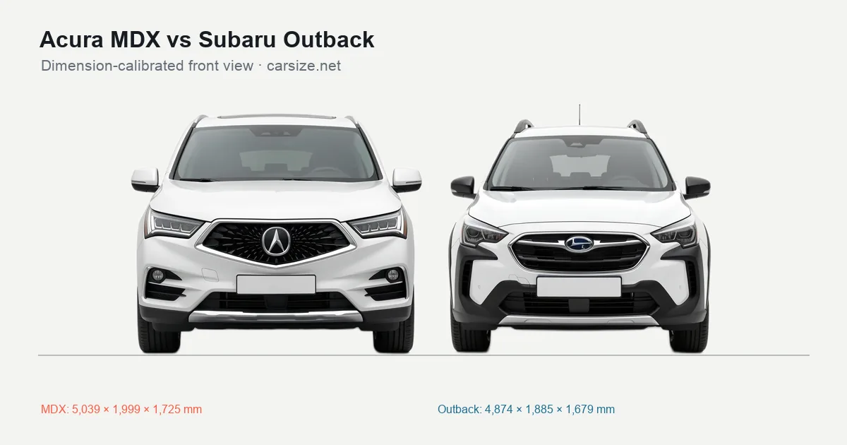 Acura MDX and Subaru Outback compared to scale from the front