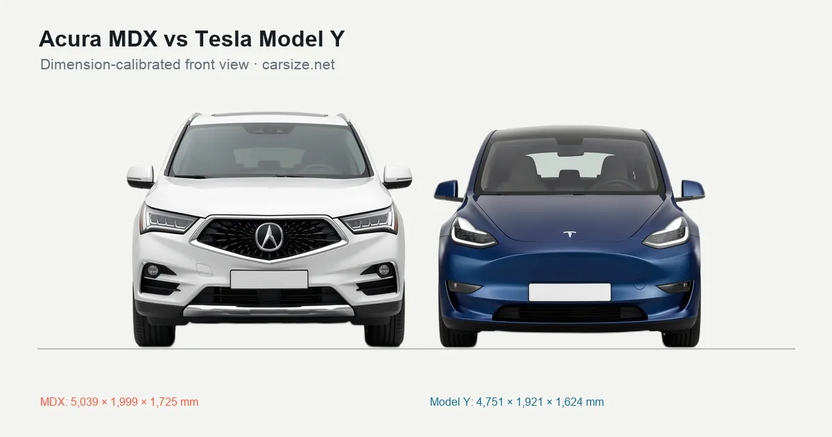 Acura MDX and Tesla Model Y compared to scale from the front