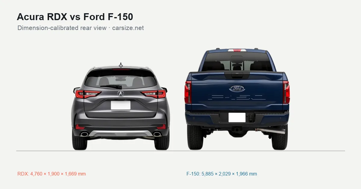 Acura RDX and Ford F-150 compared to scale from the rear