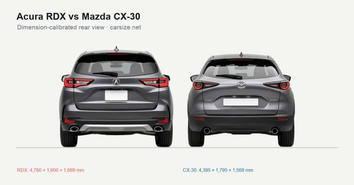 Acura RDX and Mazda CX-30 compared to scale from the rear