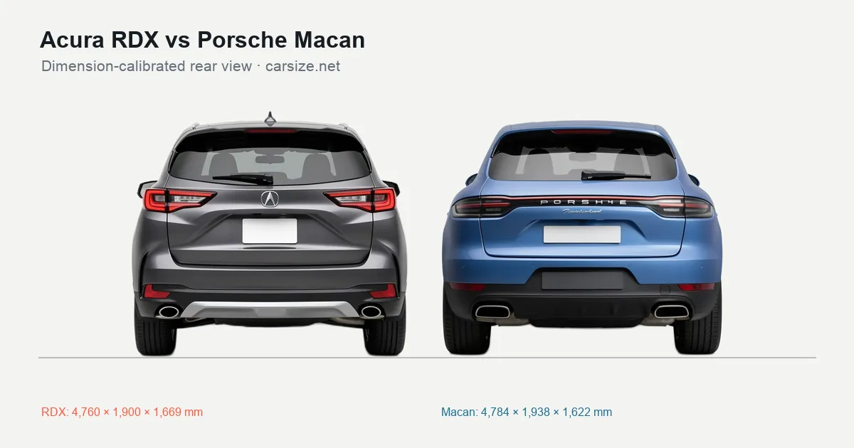 Acura RDX and Porsche Macan compared to scale from the rear