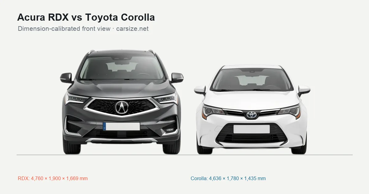 Acura RDX and Toyota Corolla compared to scale from the front
