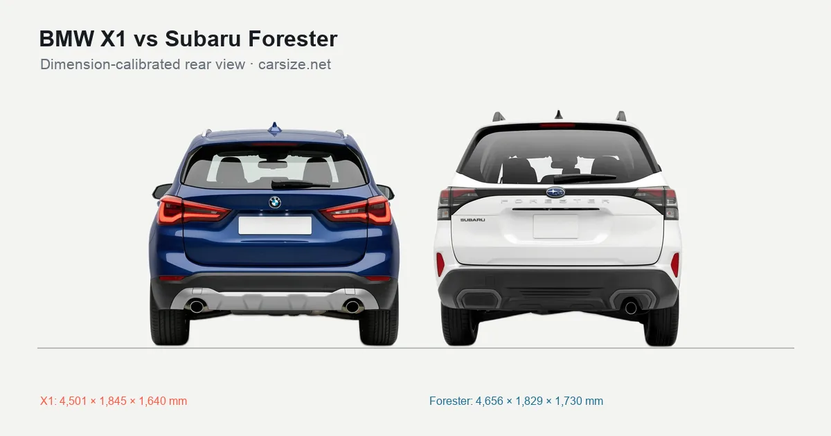 BMW X1 and Subaru Forester compared to scale from the rear