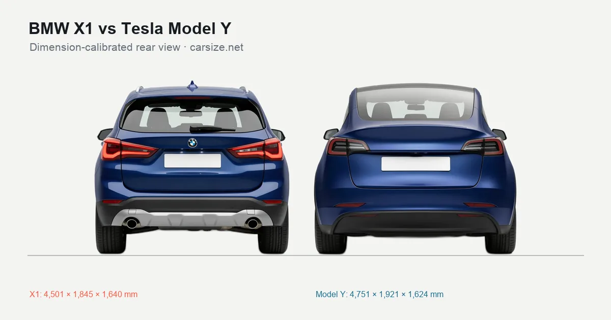 BMW X1 and Tesla Model Y compared to scale from the rear