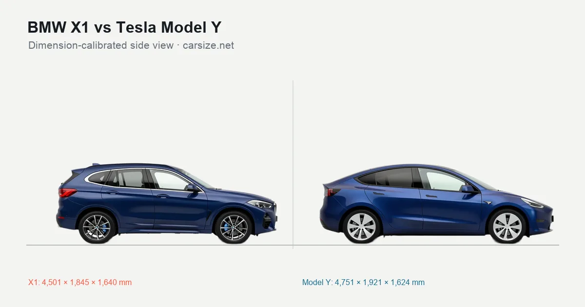 BMW X1 and Tesla Model Y compared to scale from the side