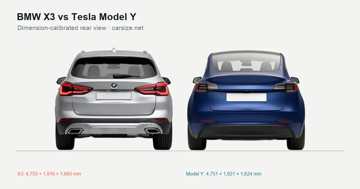 BMW X3 and Tesla Model Y compared to scale from the rear
