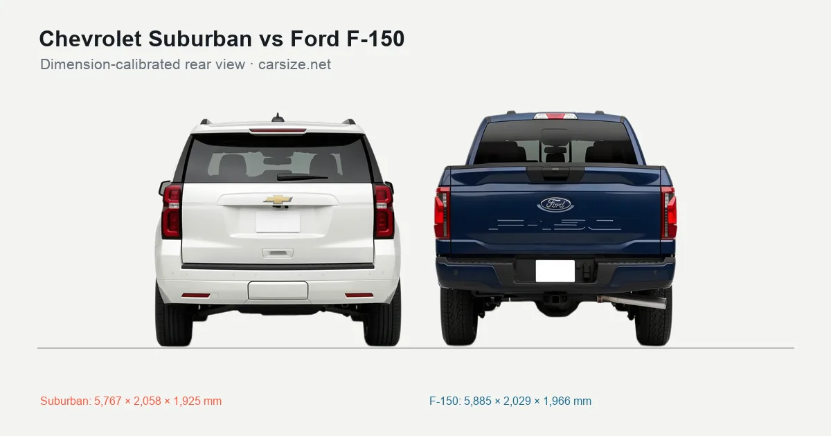 Chevrolet Suburban and Ford F-150 compared to scale from the rear