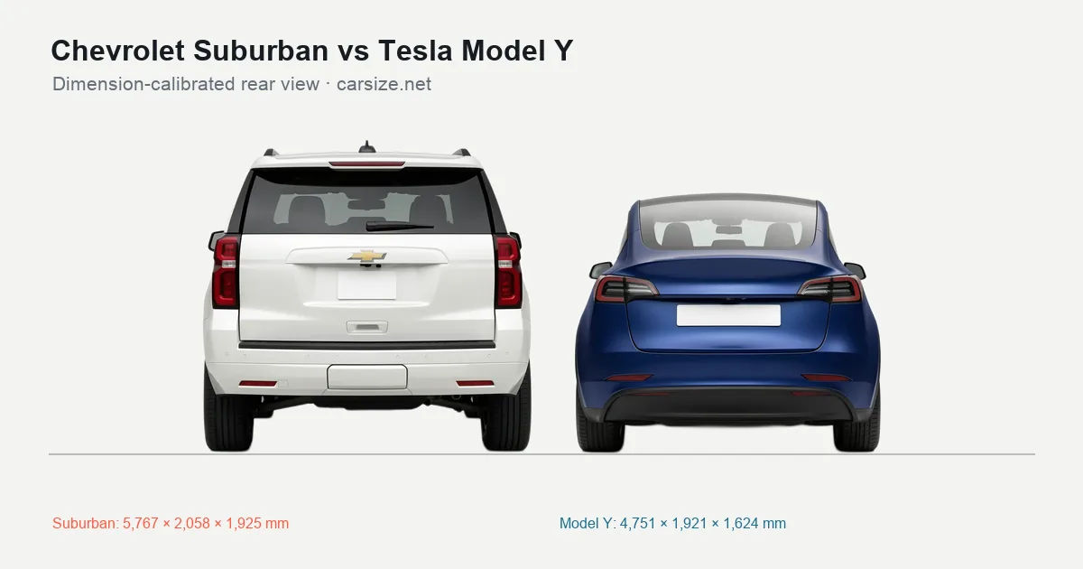 Chevrolet Suburban and Tesla Model Y compared to scale from the rear