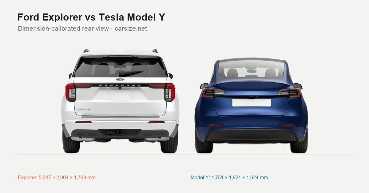 Ford Explorer and Tesla Model Y compared to scale from the rear