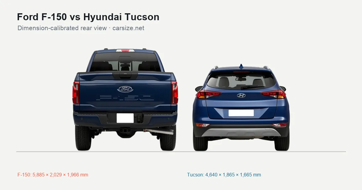 Ford F-150 and Hyundai Tucson compared to scale from the rear