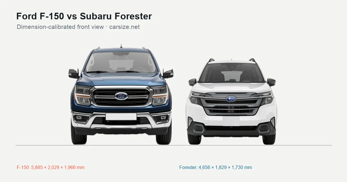 Ford F-150 and Subaru Forester compared to scale from the front