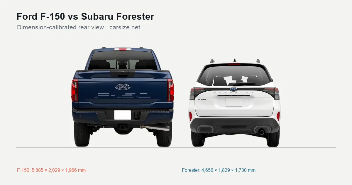 Ford F-150 and Subaru Forester compared to scale from the rear