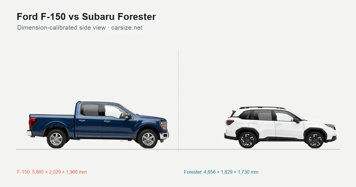 Ford F-150 and Subaru Forester compared to scale from the side