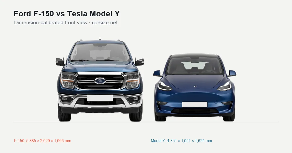 Ford F-150 and Tesla Model Y compared to scale from the front