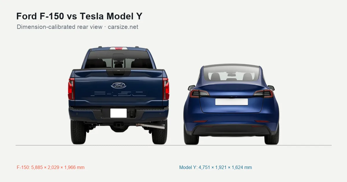 Ford F-150 and Tesla Model Y compared to scale from the rear