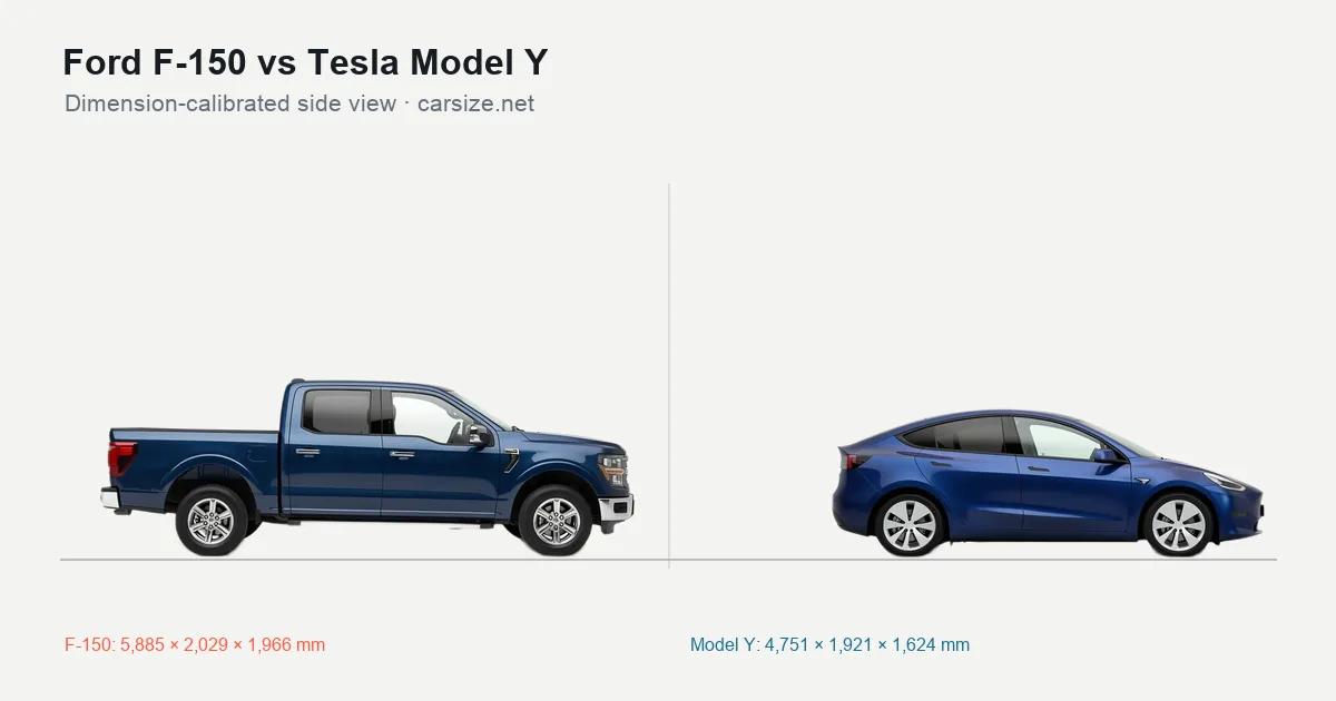 Ford F-150 and Tesla Model Y compared to scale from the side