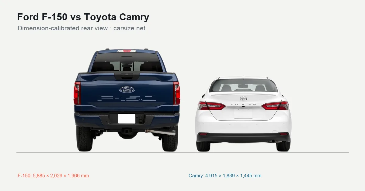 Ford F-150 and Toyota Camry compared to scale from the rear
