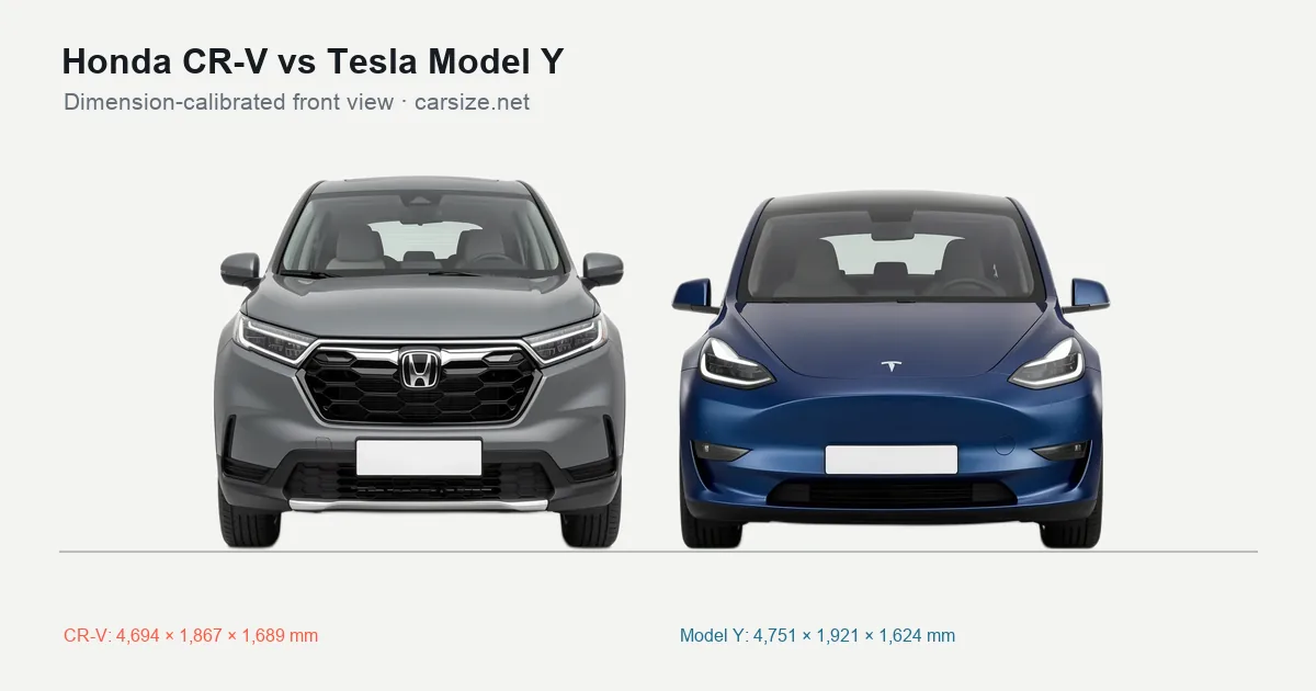 Honda CR-V and Tesla Model Y compared to scale from the front