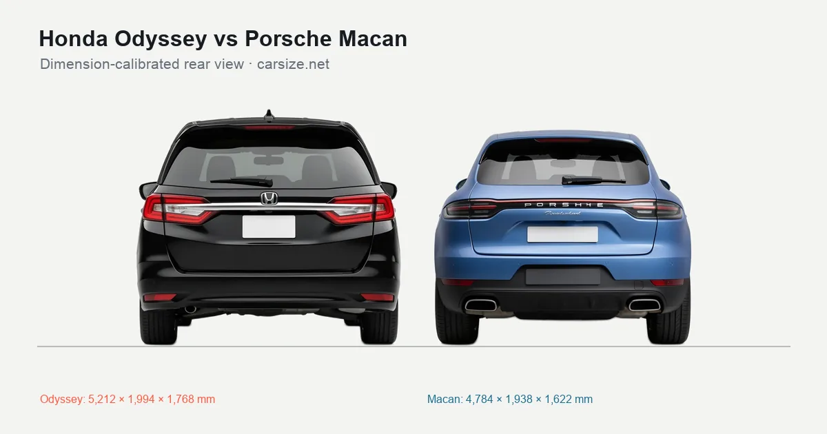 Honda Odyssey and Porsche Macan compared to scale from the rear