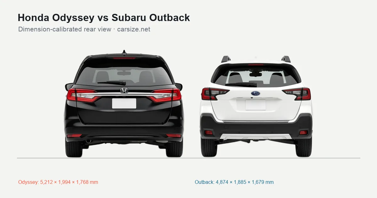 Honda Odyssey and Subaru Outback compared to scale from the rear