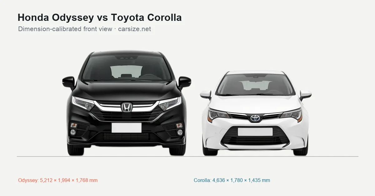 Honda Odyssey and Toyota Corolla compared to scale from the front