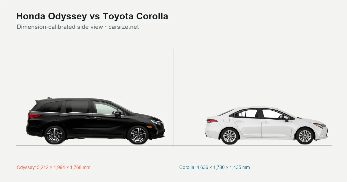 Honda Odyssey and Toyota Corolla compared to scale from the side