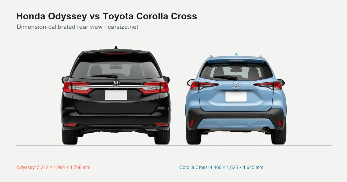 Honda Odyssey and Toyota Corolla Cross compared to scale from the rear