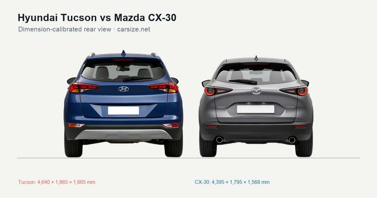 Hyundai Tucson and Mazda CX-30 compared to scale from the rear