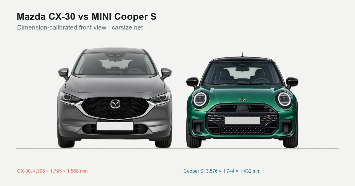 Mazda CX-30 and MINI Cooper S compared to scale from the front