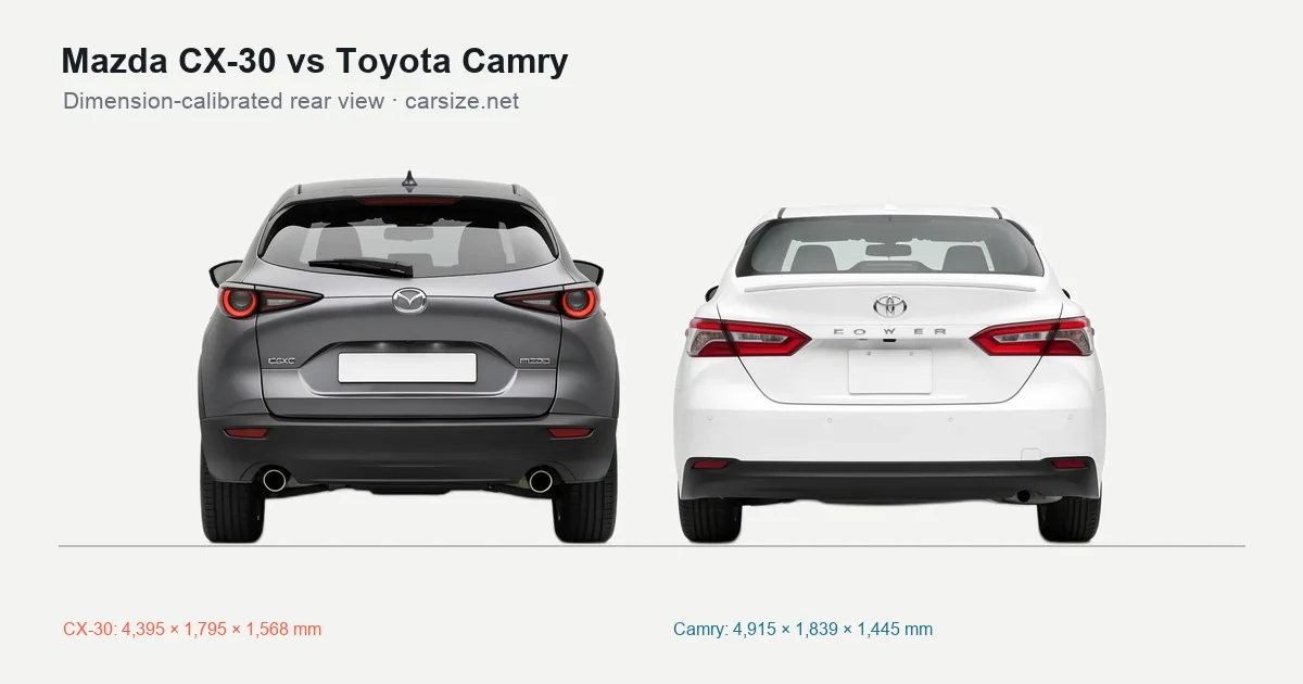 Mazda CX-30 and Toyota Camry compared to scale from the rear