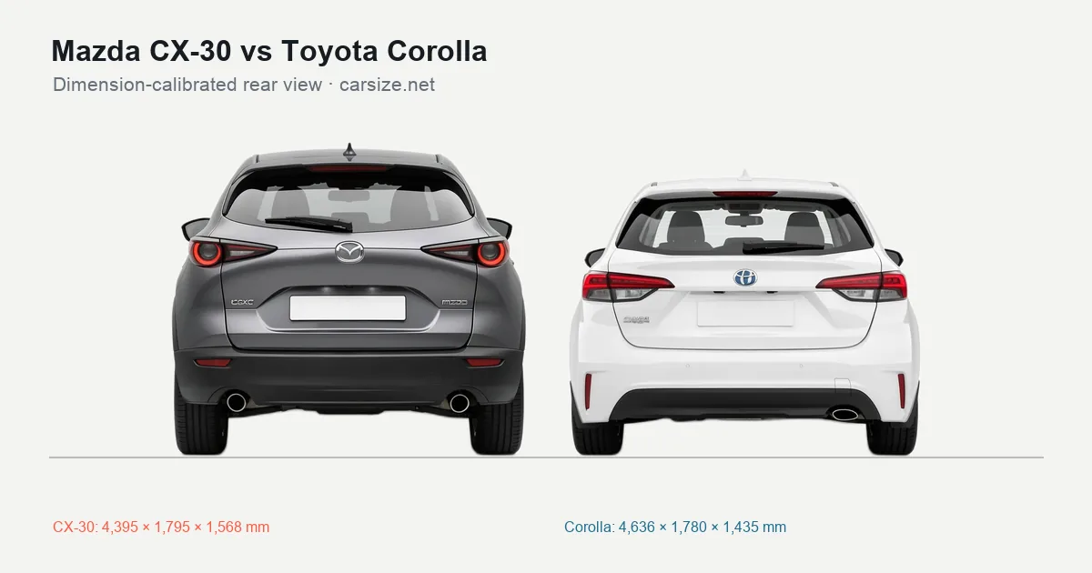 Mazda CX-30 and Toyota Corolla compared to scale from the rear
