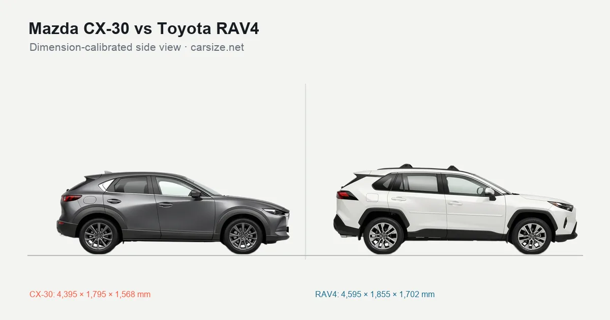 Mazda CX-30 and Toyota RAV4 compared to scale from the side