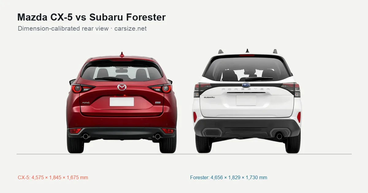 Mazda CX-5 and Subaru Forester compared to scale from the rear