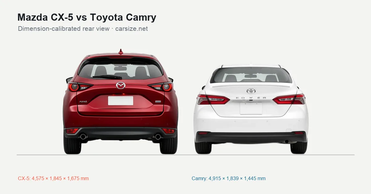 Mazda CX-5 and Toyota Camry compared to scale from the rear
