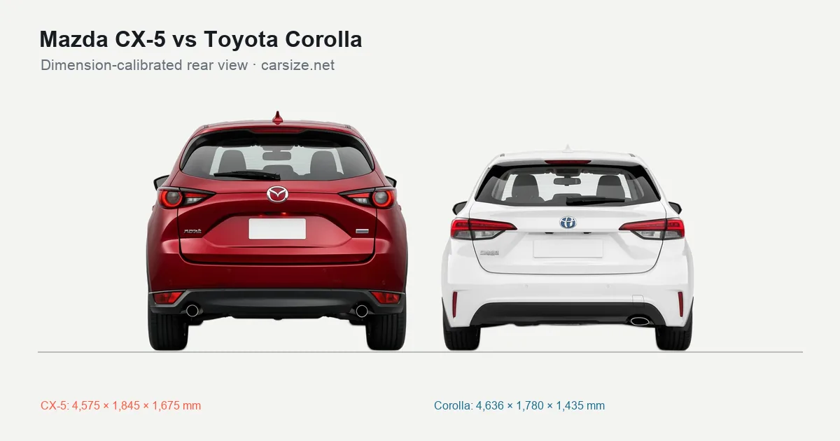 Mazda CX-5 and Toyota Corolla compared to scale from the rear