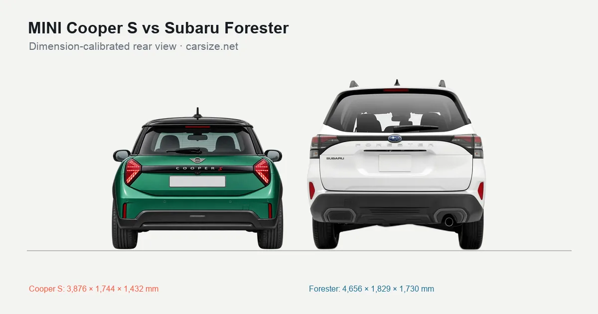MINI Cooper S and Subaru Forester compared to scale from the rear