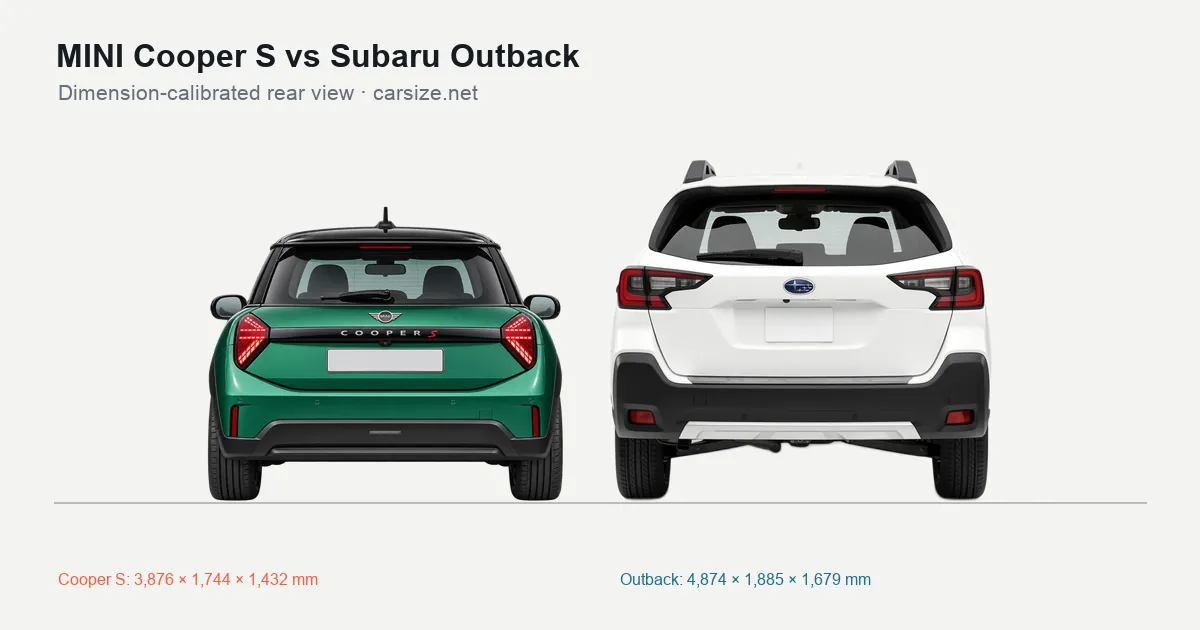 MINI Cooper S and Subaru Outback compared to scale from the rear