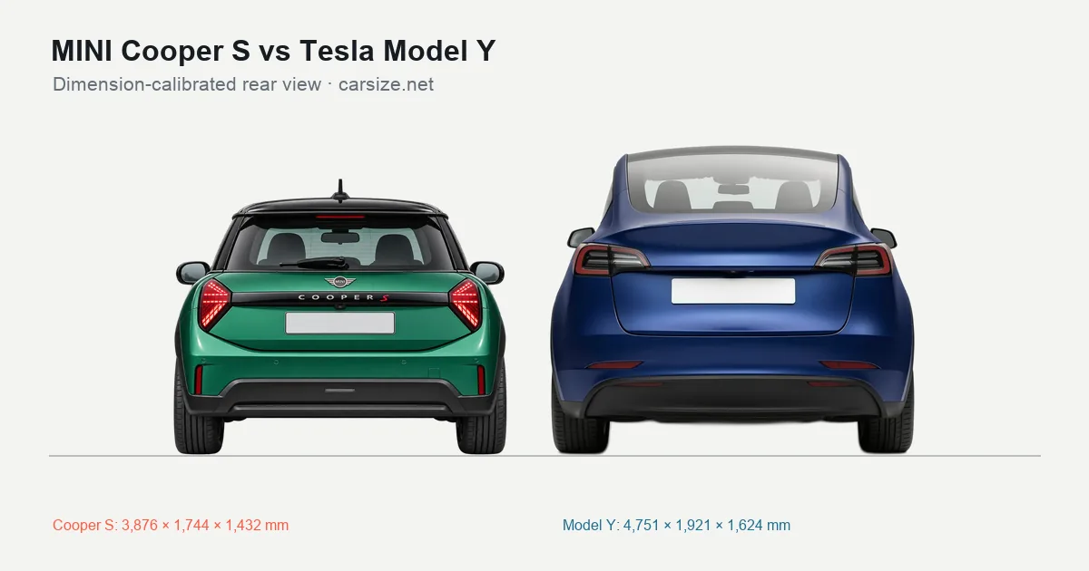 MINI Cooper S and Tesla Model Y compared to scale from the rear