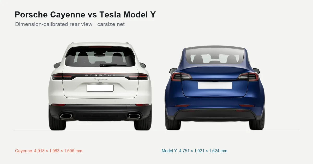 Porsche Cayenne and Tesla Model Y compared to scale from the rear