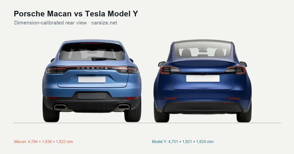 Porsche Macan and Tesla Model Y compared to scale from the rear