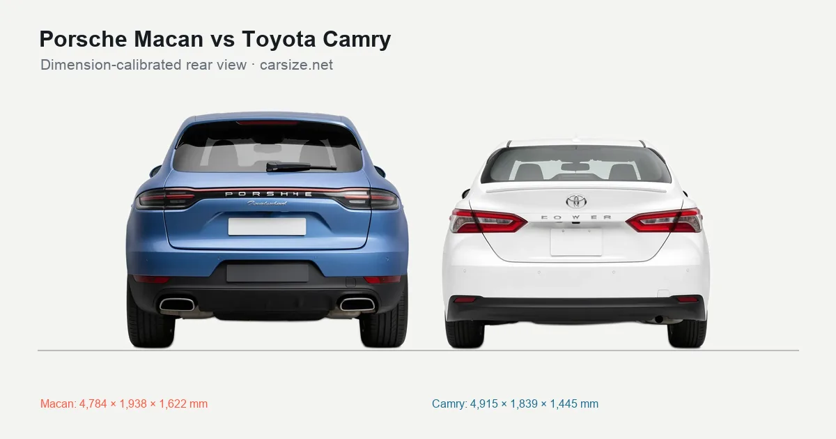Porsche Macan and Toyota Camry compared to scale from the rear