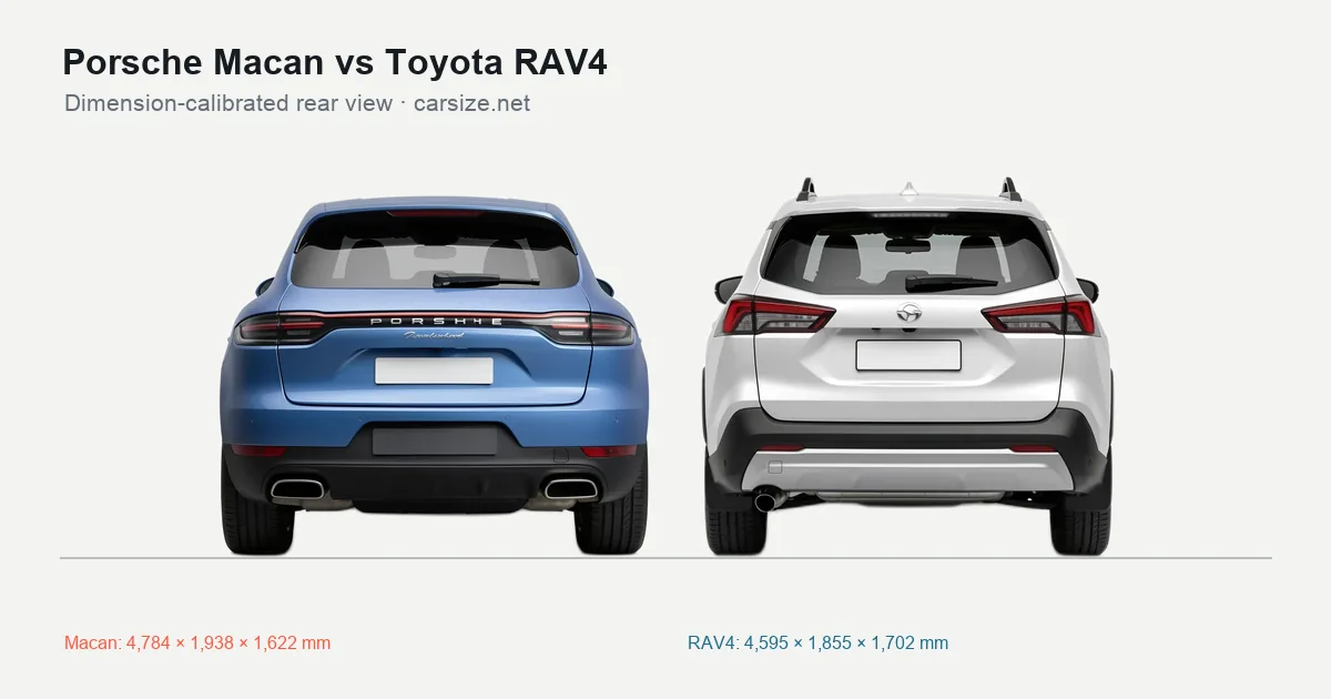 Porsche Macan and Toyota RAV4 compared to scale from the rear