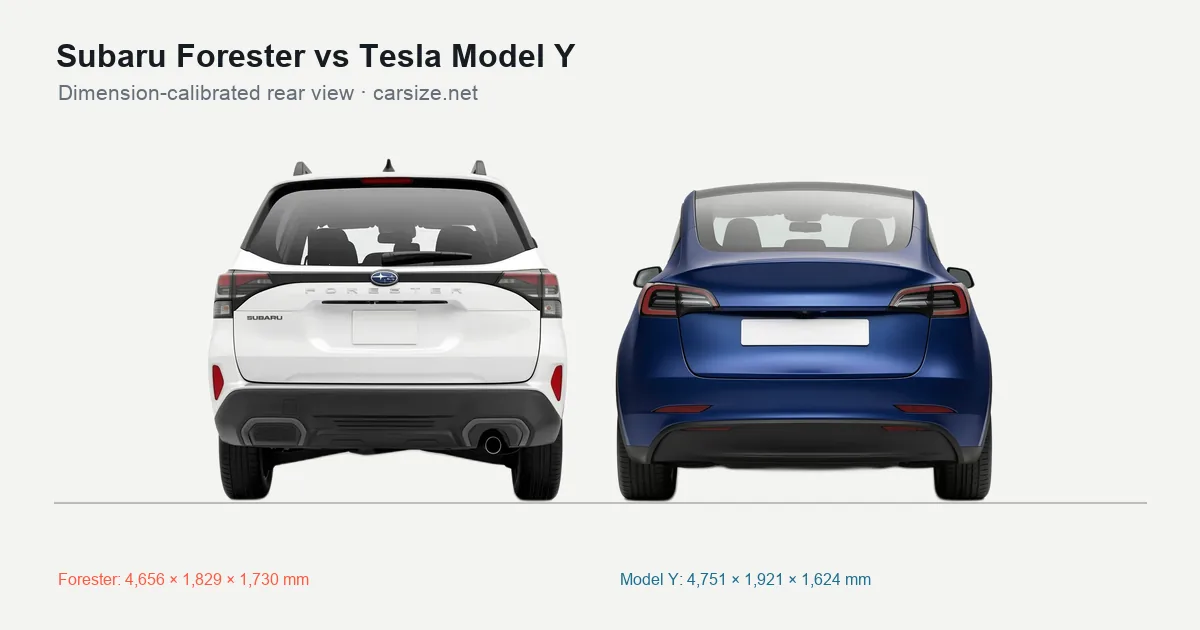 Subaru Forester and Tesla Model Y compared to scale from the rear