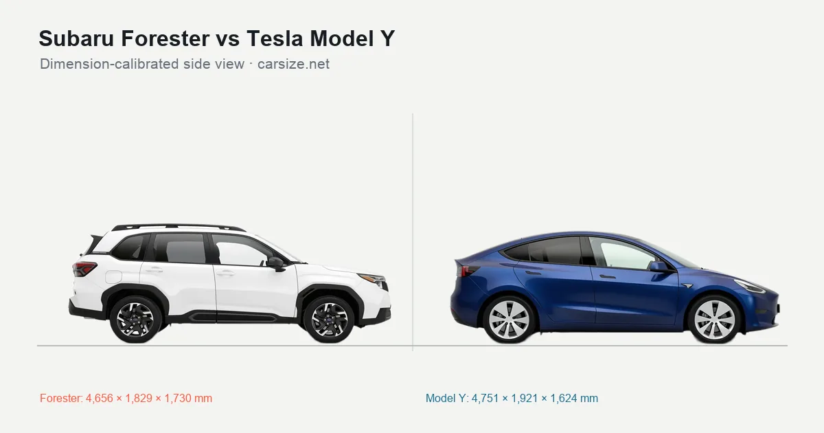 Subaru Forester and Tesla Model Y compared to scale from the side