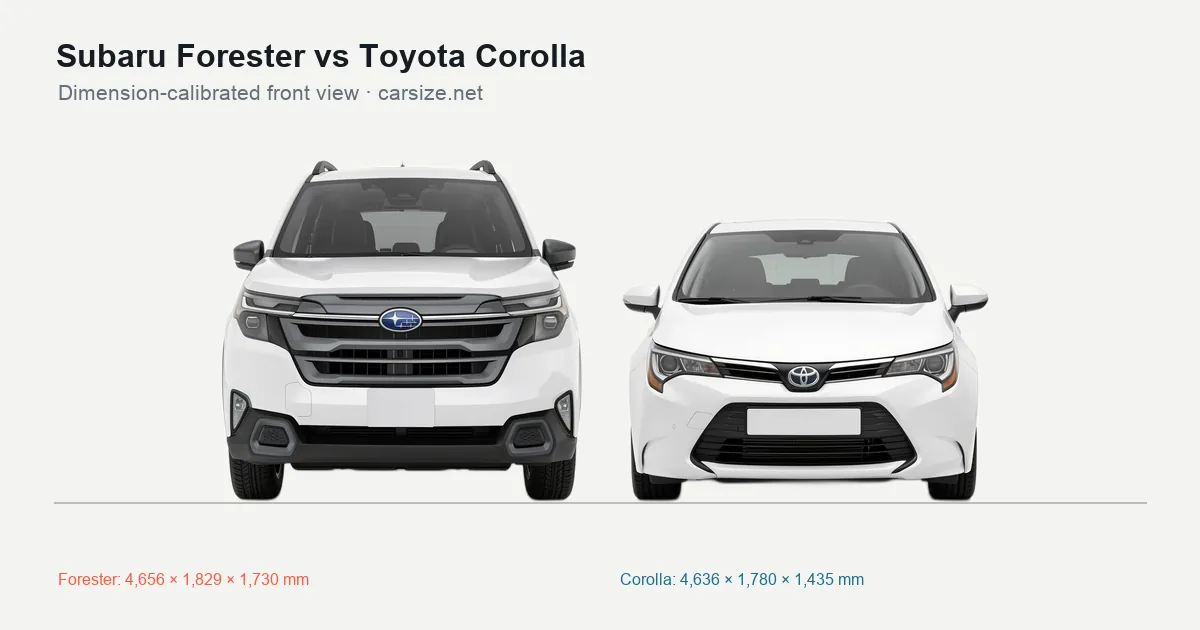 Subaru Forester and Toyota Corolla compared to scale from the front
