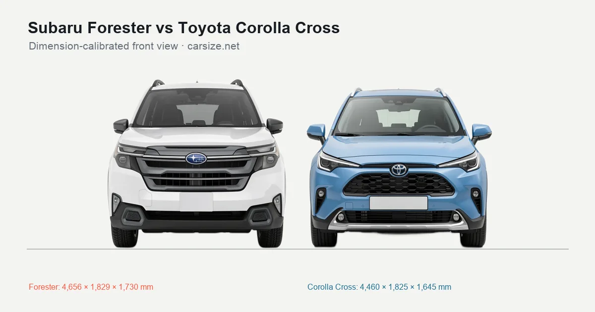 Subaru Forester and Toyota Corolla Cross compared to scale from the front