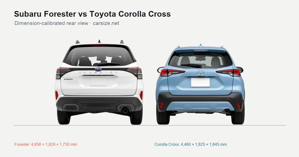 Subaru Forester and Toyota Corolla Cross compared to scale from the rear