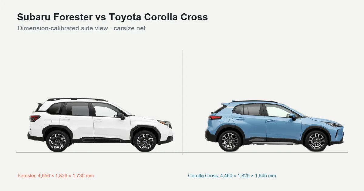 Subaru Forester and Toyota Corolla Cross compared to scale from the side