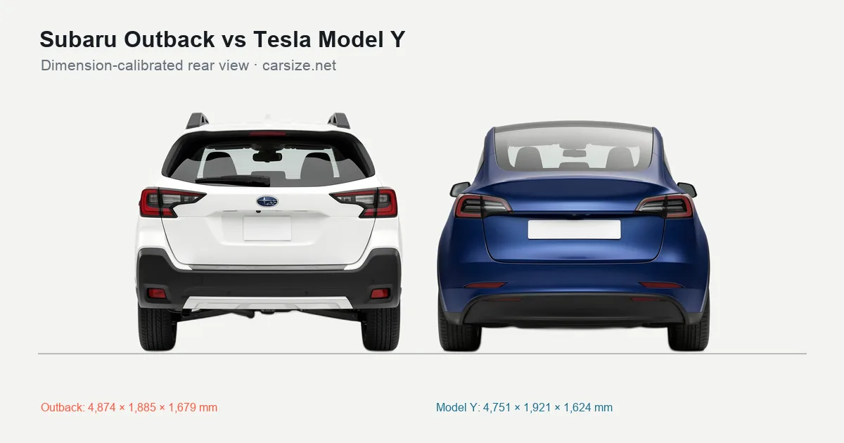 Subaru Outback and Tesla Model Y compared to scale from the rear